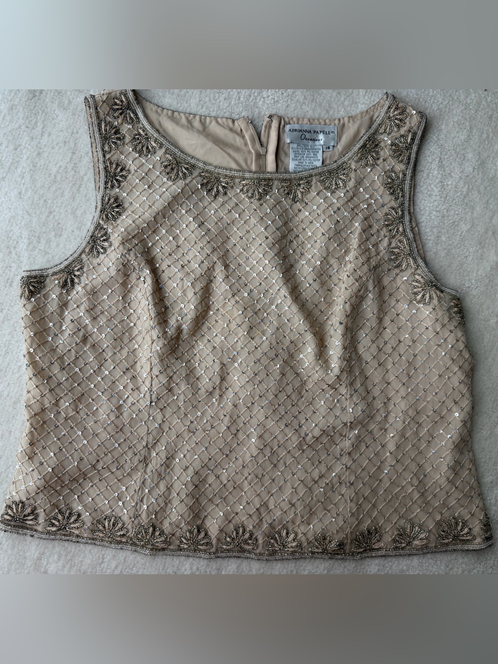 Adrianna Papell Occasions 100% Silk Cream Beaded Sleeveless Camisole Blouse